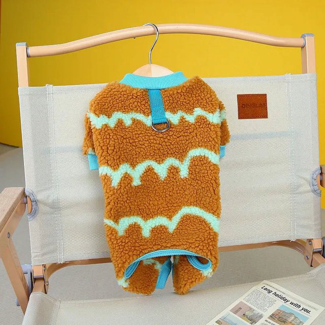 Autumn Winter Dog Clothes with Cat Towable Soft Coral Velvet Four-Legged Jumpsuits Beige Brown Wave Pattern Jumpsuit ShopWise Round