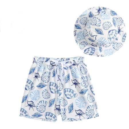 Boys Seashell Print Swim Trunks with Matching Hat Tropical Scallop Print Swimwear for Kids Beach Pool Elastic Waist Set Multicolour 6 Months-9 Months