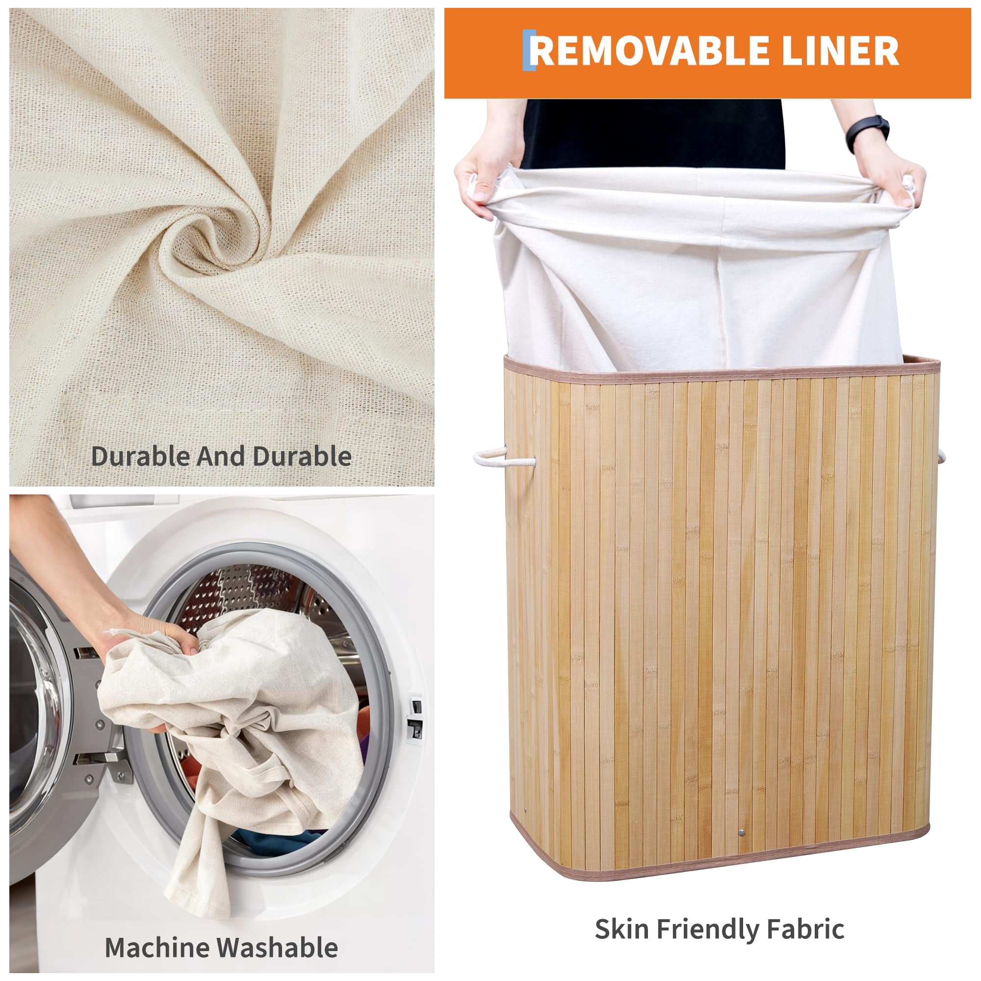 Garvee Folding Bamboo Laundry Hamper with Lid, 27.5 Gallon Large Capacity Wooden Basket with Washable Liner Bag, Slim Space-Saving Clothes Organizer for Small Bedroom, Apartment, Dorm, Natural