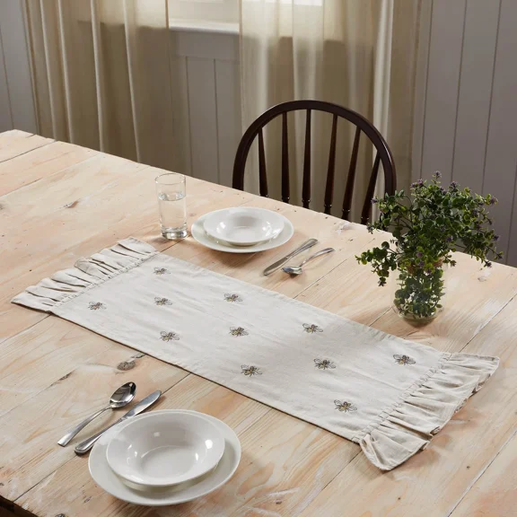 Table Runner Embroidered Bee Farmhouse 13X36 Rect Cotton Flax Kitchen Vhc Brands