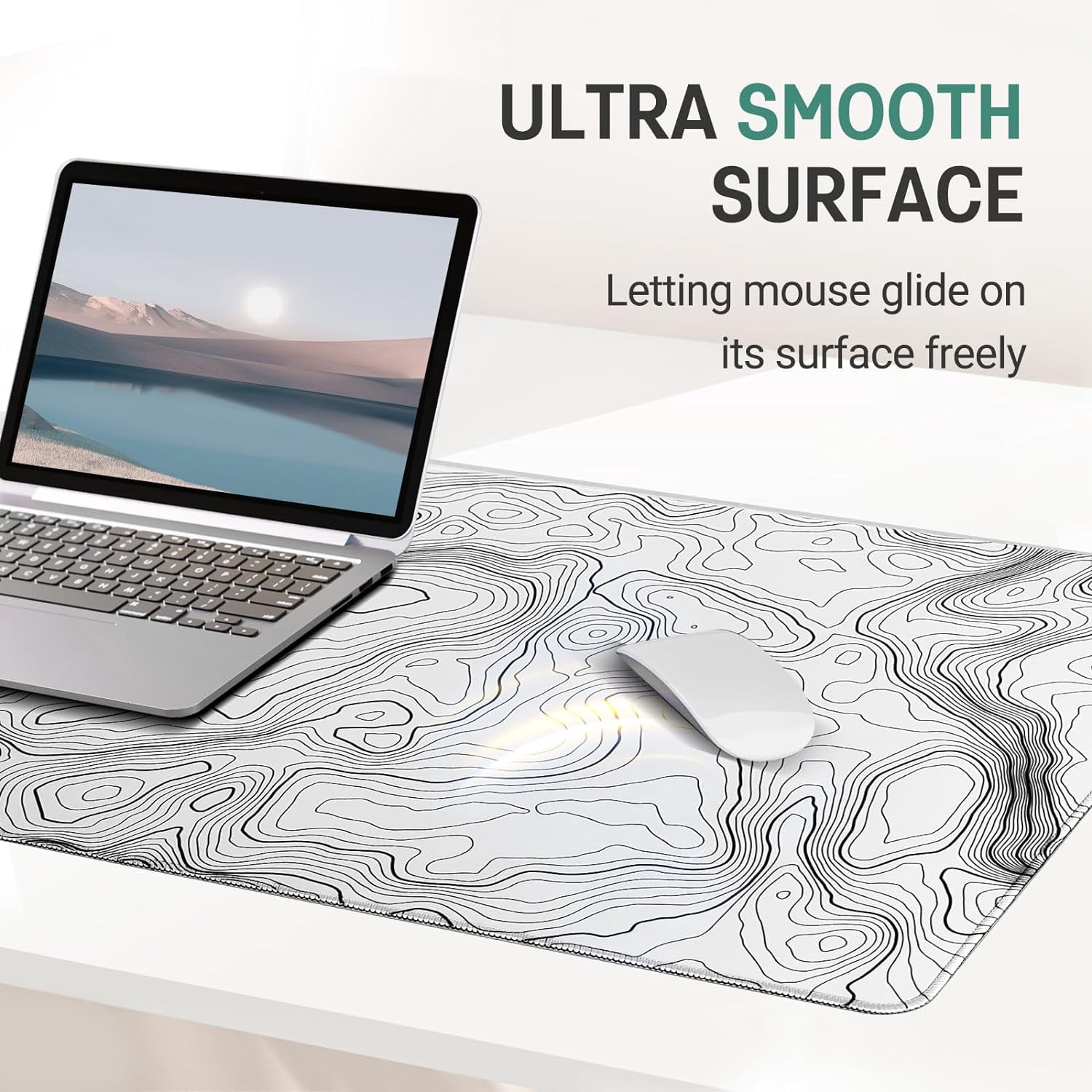 Topographic White Gaming Mouse Pad Black Desk Mat,Office Desk Pad,XXL Large Mouse Pad for Desk 35.4x15.7in Mousepad with Stitched Edges,Non-Slip Rubber Base,Waterproof Computer Keyboard Pad