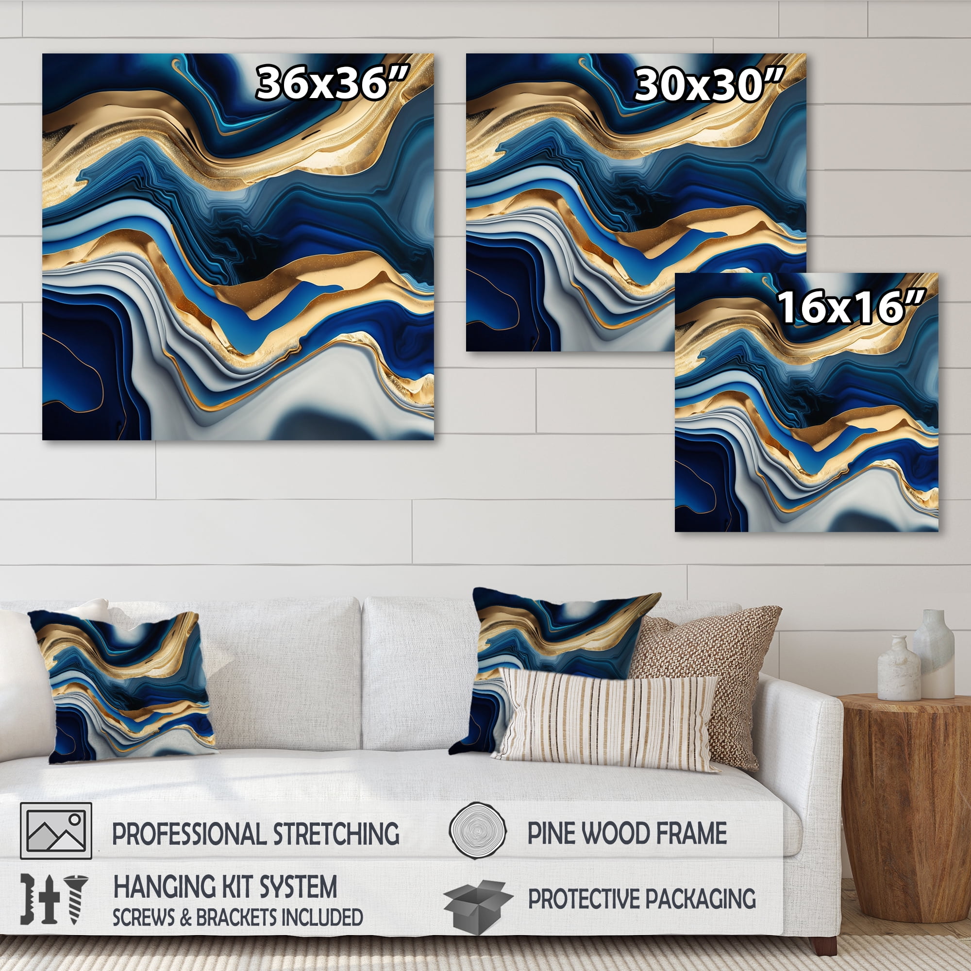 Designart Vibrant Blue And Gold Agate II Canvas Wall Art