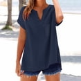 thumbnail image 2 of Ploknplq Linen Shirts for Women,Linen Button Down Shirt Women,Womens Linen Tops,Fashion Casual V Neck Short Sleeve Top T Shirt,Elbow Length Tee Shirts for Women,Gauze Shirts for Women Navy M, 2 of 5