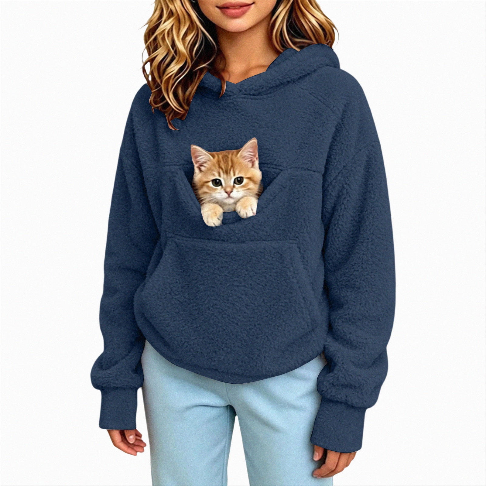 KPOPLK Little Girls Cat Pouch Hoodie Zipper Pet Care Dog Kangaroo Pocket Hooded Sweatshirts Fuzzy Animal Carrier Holder Pullover Tops for Kids Navy Size 11-12 Years