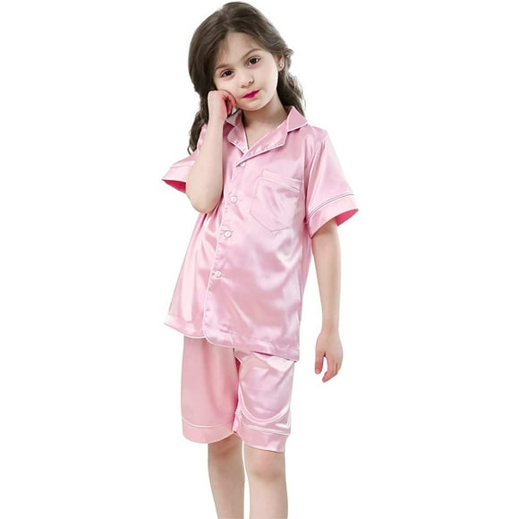 PMVFHDE Girls Sleepwear & Robes Little Baby Girls Boys Pajamas Set Satin Silk Ki Ds Short Sleeves Sleepwear 2 Piece Button Down Classic Loungewear Shorts Girl Clothes Pink,140