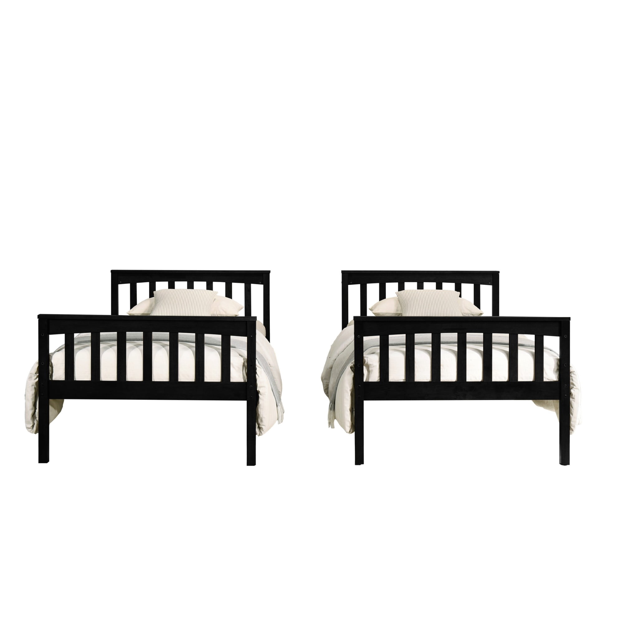 Home Design Ames Twin Over Twin Solid Wood Bunk Bed Frame, Convertible, Sturdy Guardrails, Black, Easy Assembly