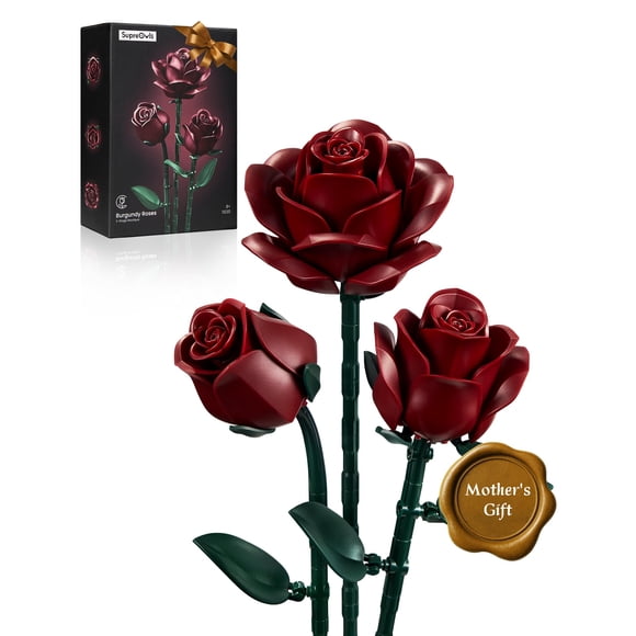 Set de construcción de flores iATOM Rosas rojas borgoña, paquete de 3