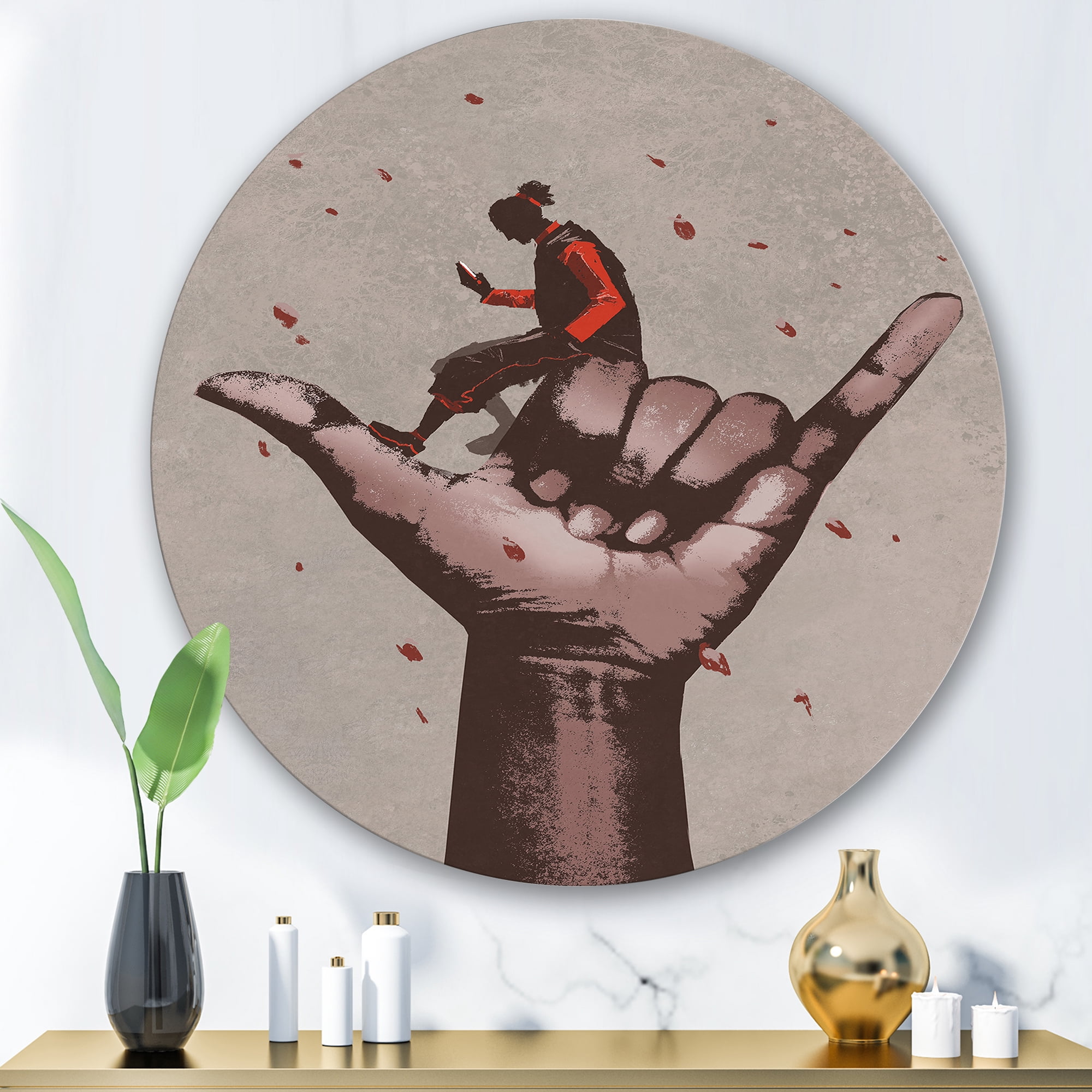 Designart 'Man Using Mobile Phone With Call Me Sign' Modern Circle Metal Wall Art 36x36 - Disc of 36