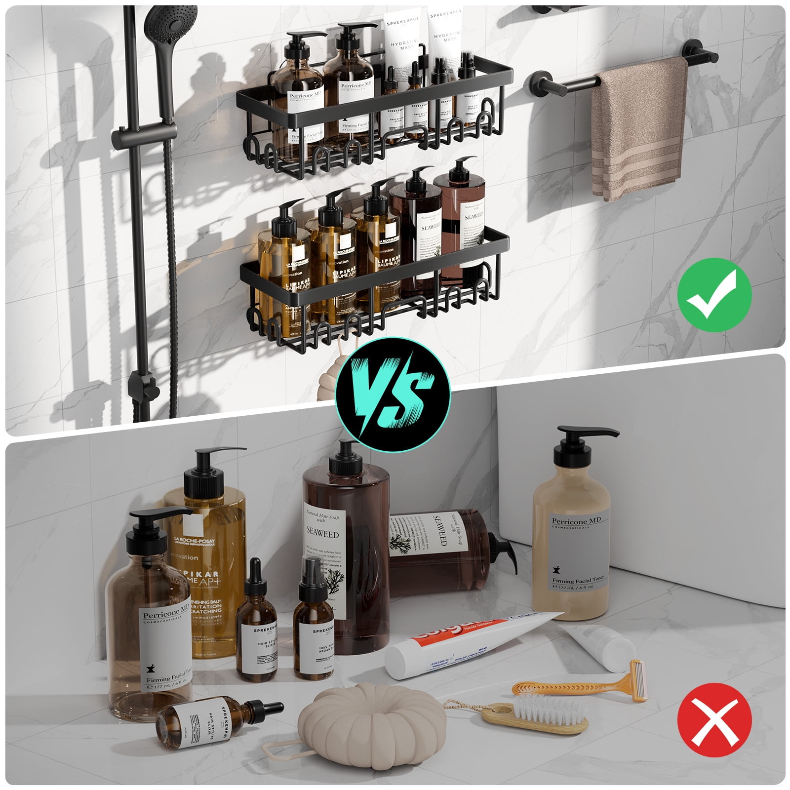 Veken Shower Caddy 6-Pack, Advanced Rustproof Design, No Drilling Adhesive Shelves, Rack with Soap Holder, Large Capacity Bathroom Organizers and Storage, Wall-Mounted Kitchen & Home Decor, Black