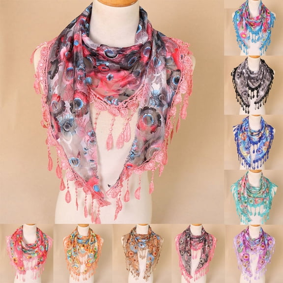 WHEANG Lace Tassel Scarf for Women Elegant Colored Floral Shawls Print Hollow Scarf Shawl Wraps Scarves Veil Triangle Scarf Summer Beach Cover-up Bandana Head Scarf I Summer Sales Under $2
