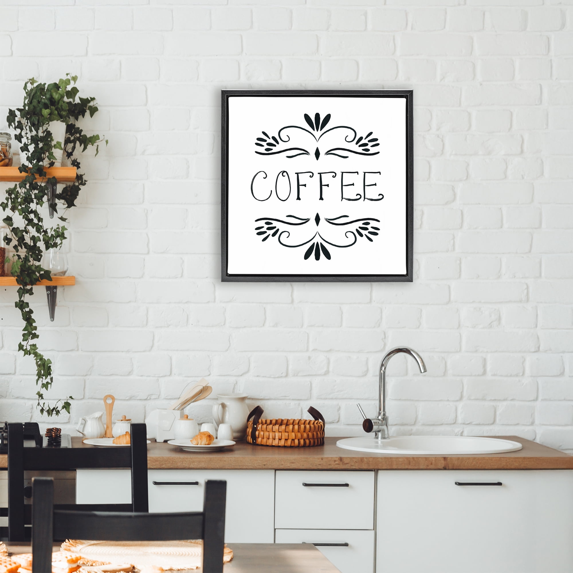 Stupell Industries Coffee with Floral Emblems Black Framed Floater Canvas Wall Art, design by Lucille Price