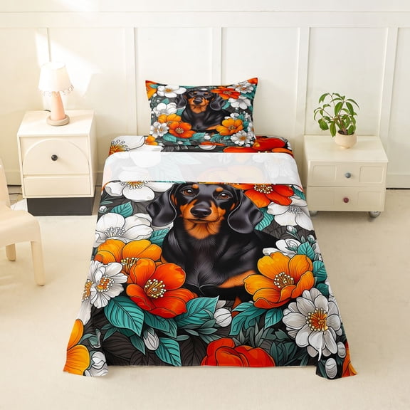 Homewish Vintage Pet Dog Twin Sheets,Watercolor Flowers Bedding,White Orange,3pcs,1 Fitted Sheet and 1 Pillowcase