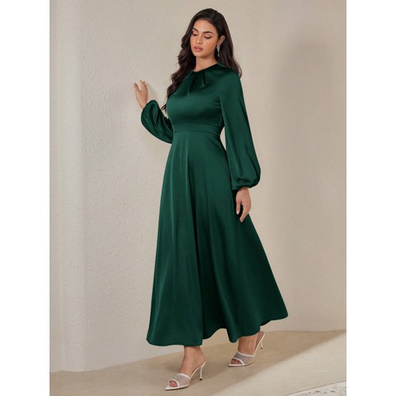 Dark Green Womens Solid Crew Neck Long Sleeve Pleat-Front Modest Maxi Dress