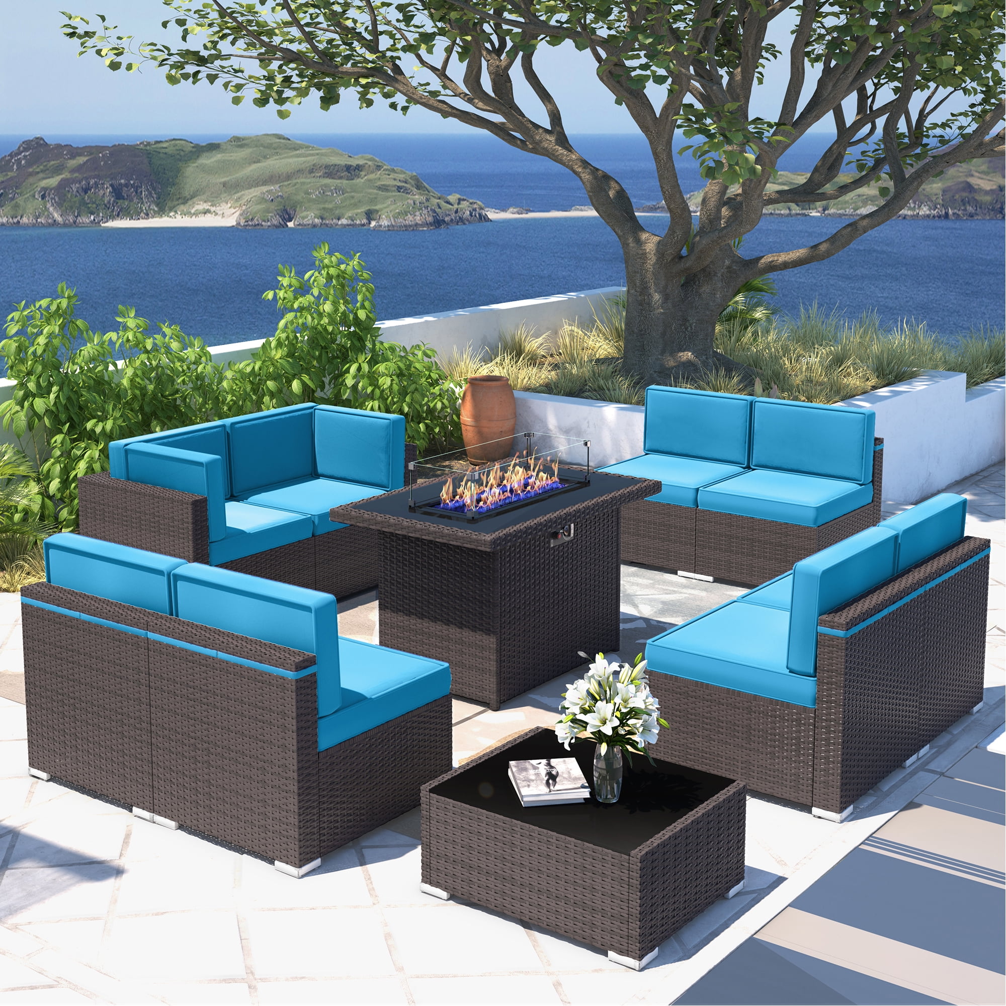 10 Piece Patio Furniture Set with 44" Propane Gas Fire Pit Table, Outdoor Sectional Conversation Set Wicker Rattan Sofa Set with Coffee Table
