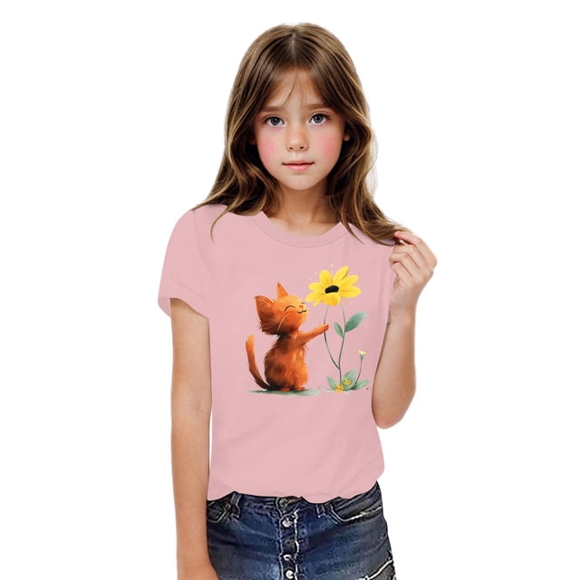 Rbaofujie T-Shirts pour Filles Imprimé Dessin Animé Manches Courtes Col Rond Mignons Graphiques