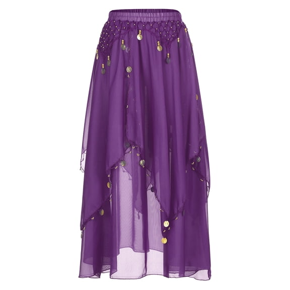 Ocealan Belly Dance Skirt Sequin Beaded Chiffon Swing Skirts Women Belly Dancing Practice Clothing Purple One Size