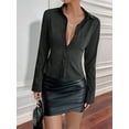thumbnail image 5 of Women'S Striped Button Down Crop Shirt Long Sleeve Fitted Blouse Work Shirt Top Black XXL, 5 of 8