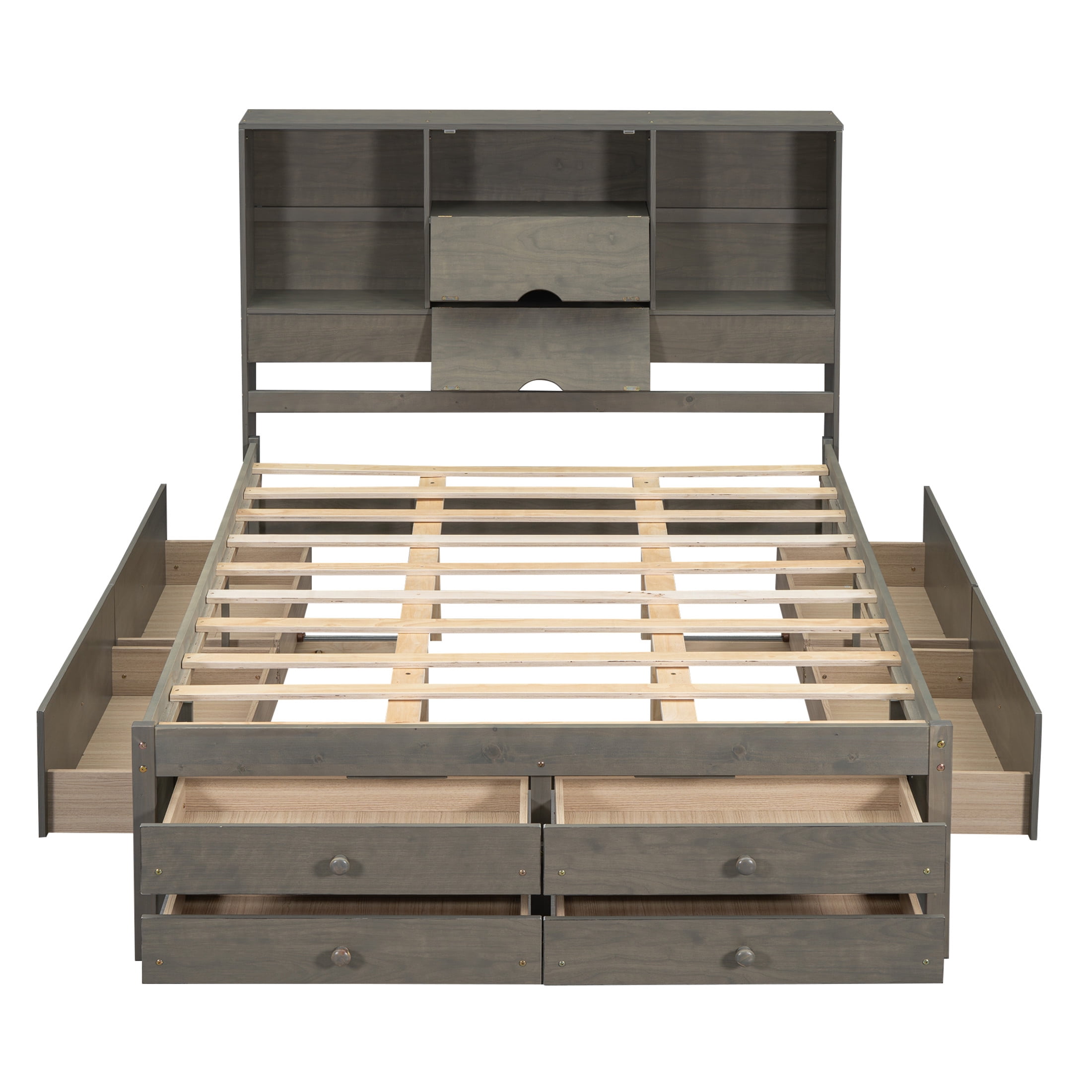 Noble House Solridge Queen Size Platform Bed with Bookcase Headboard and Storage Drawers, Solid Wood Frame, Gray