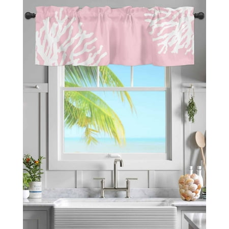 Rod Pocket Window Valances Abstract White Coral on Pink Short Kitchen Curtains Summer Marine Life Window Treatment Drapes for Bedroom Bathroom Living Room 42x18In 1 Panel