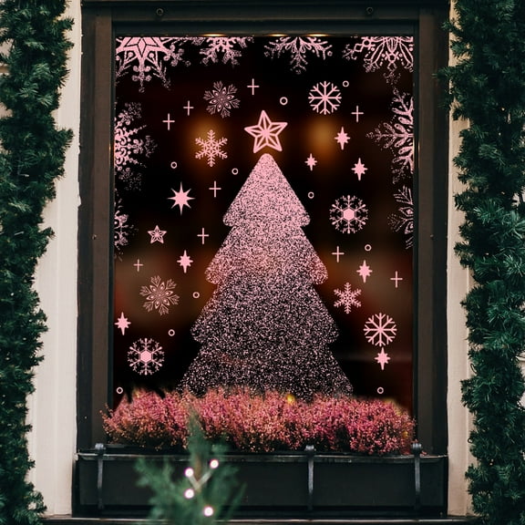 Pink Christmas Tree Window Sticker – Static Cling PVC Holiday Window Decal for Storefront or Home Glass Decorations