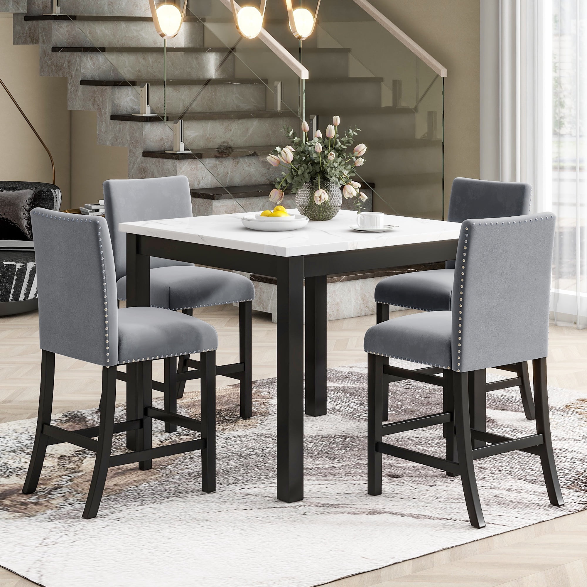 PORKISS Dining Table Set for 4, Dining Room Set with Faux Marble Kitchen Table and Velvet Upholstered Chairs, Counter Height Dining Set, Grey