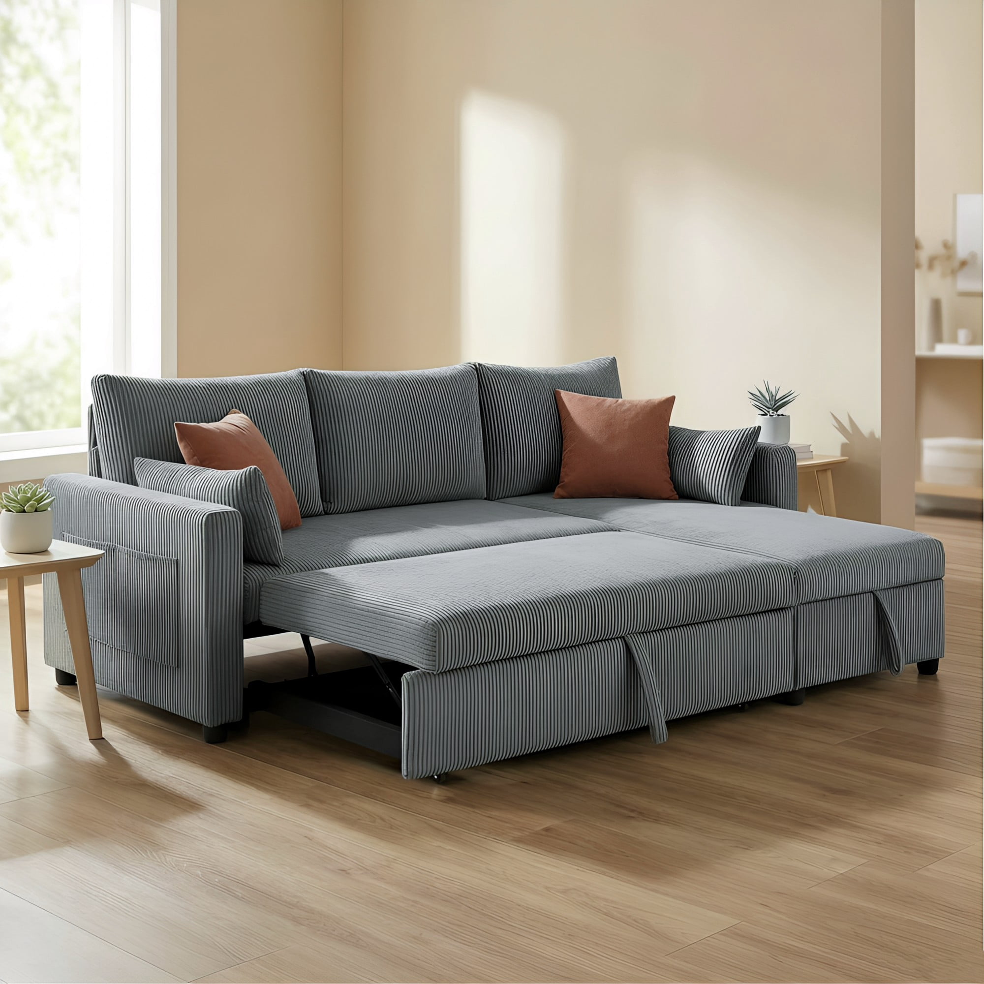 Gewnee 3-Seater Corduroy Sectional Pull Out Sleeper Sofa Bed with Storage, Couch for Living Room, Apartment, Office, Dark Gray