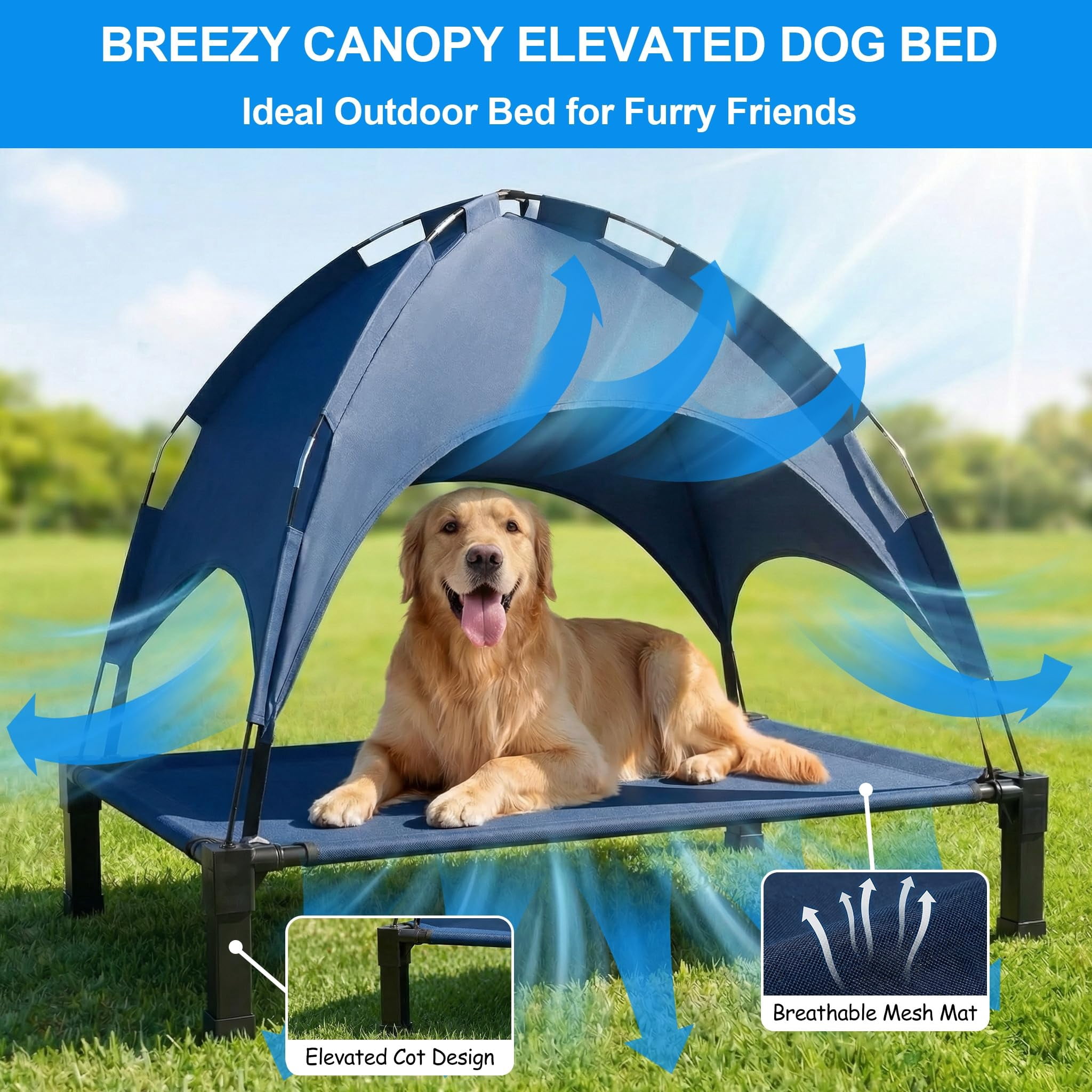 Elevated Dog Bed With Raised Pet For Large Dogs  Outdoor Removable Sun Shade Tent Breathable Mesh Portable Camping Beach Backyard Use