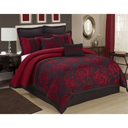 Wt 8 Piece Jacquard Fabric Comforter Set King Size Burgundy Black