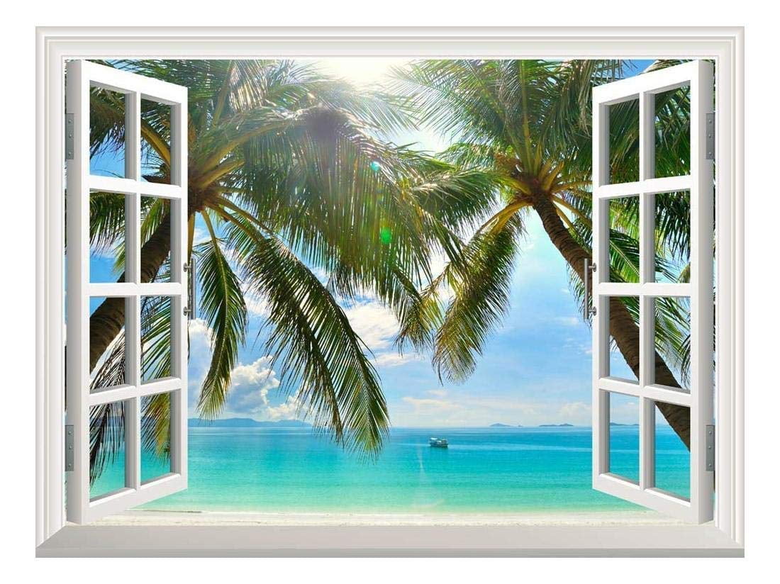 SEA OCEAN BEACH HAMMOCK 3D Window View Canvas Wall Art Picture  W496 MATAGA . 