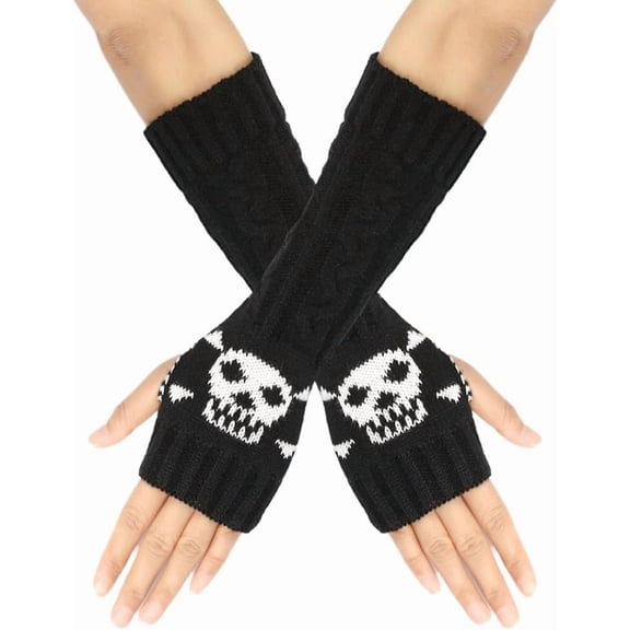 2pairs Acrylic Fiber Knitted Mittens Fingerless Gloves Skull Pattern Winter Warm Stretch Long Sleeve for Women Black 290x80mm