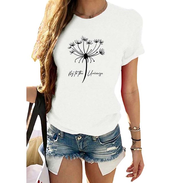 UKAP Ladies T Shirts Short Sleeve Tops Crew Neck Relax Fit Beach Tee White M