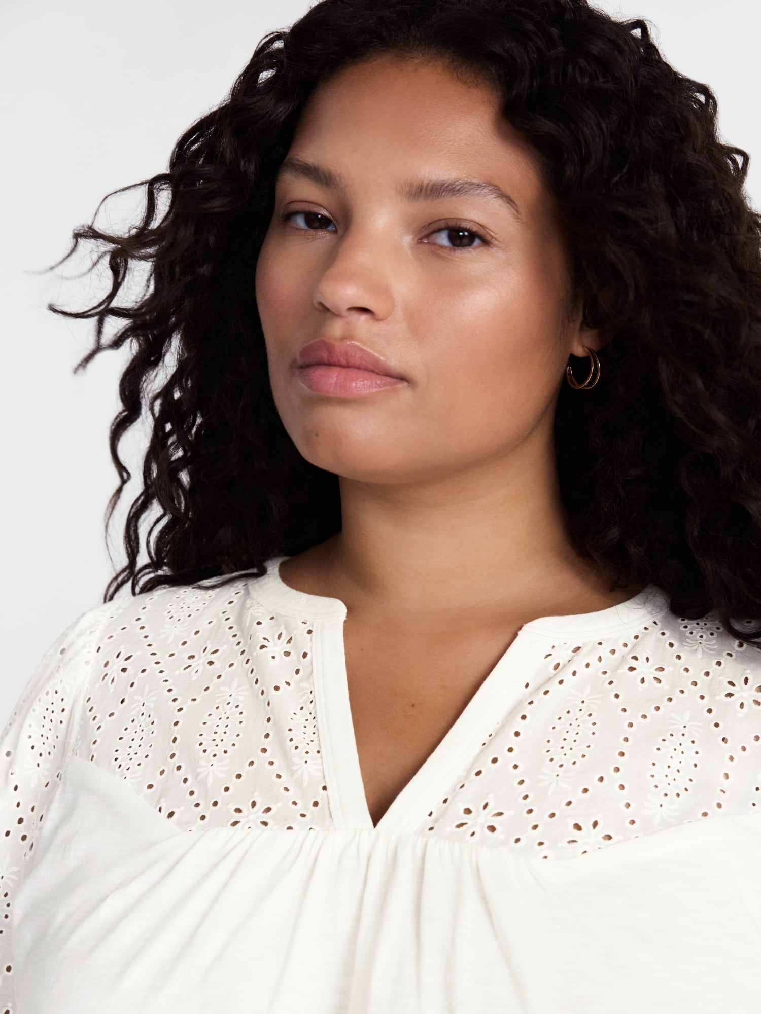 Terra & Sky Women's Plus Eyelet Yoke Top with Short Puff Sleeves, Sizes 0X-5X