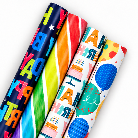DAKIMOE Wrapping Paper Roll - Pack of 4, 55.7 sq. ft. ttl - Colorful Pattern for Birthday Party, Baby Shower, Holiday, Wedding