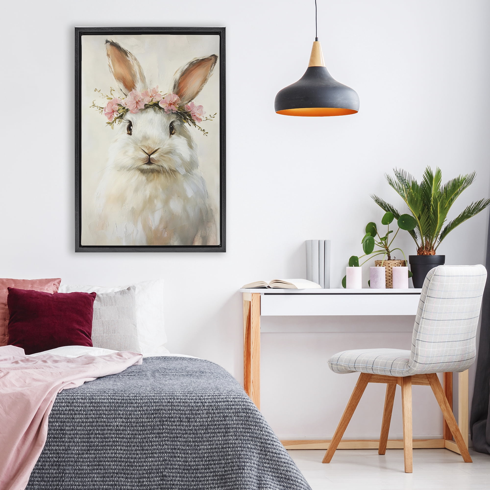 Stupell Industries Bunnykins with Pink Crown Black Framed Floater Canvas Wall Art, design by Tina LeCour