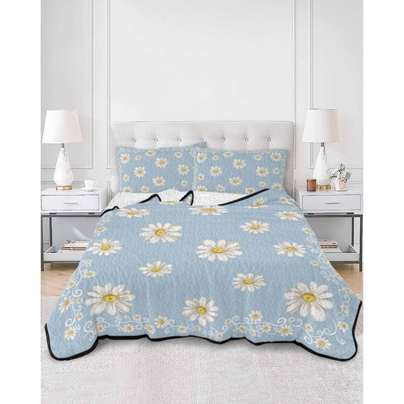 Quilts Full Size, Blue Spring Floral Soft Comforter Bedding Set for Bed, Daisy Flowers Elegant Farmhouse Art Lightweight Quilted Bedspread with Pillow Cover(2 Pieces) for All Season, 78x90 Inch
