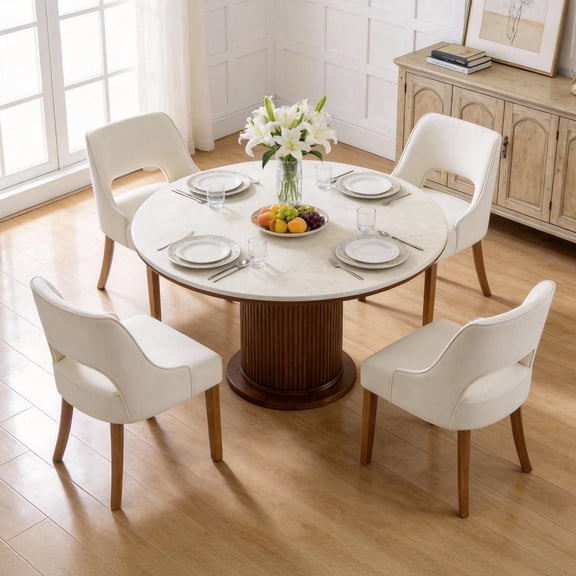 FANCROU Wooden Dining Chairs Set of 2, Modern Upholstered Fabric Side Chairs with Cutout Backrest and Wood Legs, Kitchen Dining Room, Beige