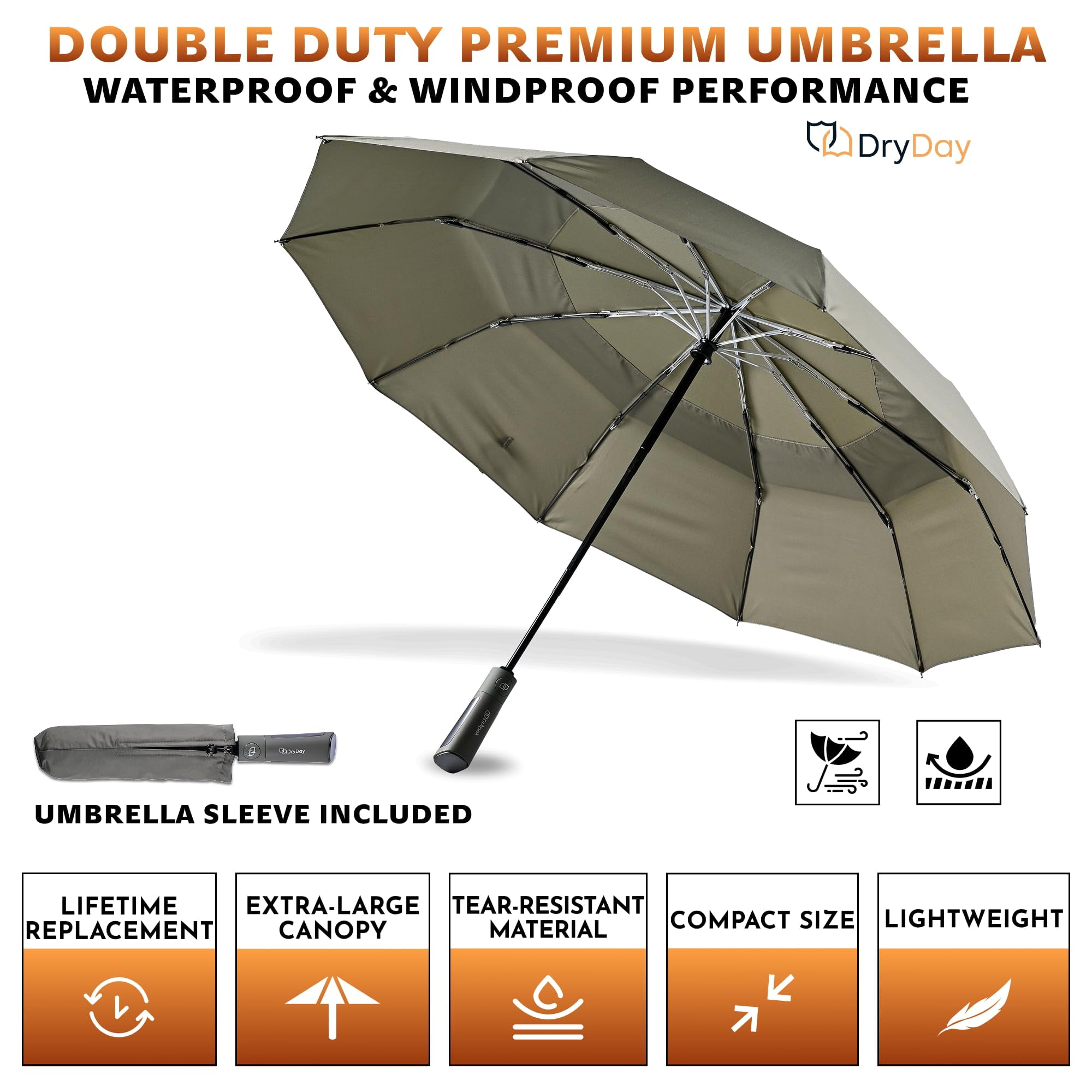 DryDay 47” Premium Umbrellas for Rain, Large Windproof Double Canopy Umbrella, 10 Aluminum Ribs, Sturdy Frame, Auto Open Close Unique Handle, Windproof & Waterproof Umbrella for Women & Men, Khaki