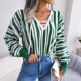 thumbnail image 2 of Fesfesfes Women Sweater Fall Winter Long Sleeve Stripe Contrasting Lantern Sleeve V-Neck Sweater Tops or, 2 of 6