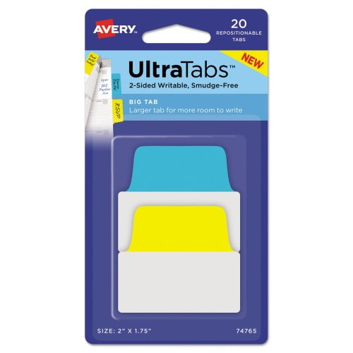New Avery Ultra Tabs Repositionable Big Tabs, 1/5-Cut Tabs, Assorted Primary Colors, 2' Wide, 20/Pack,Each