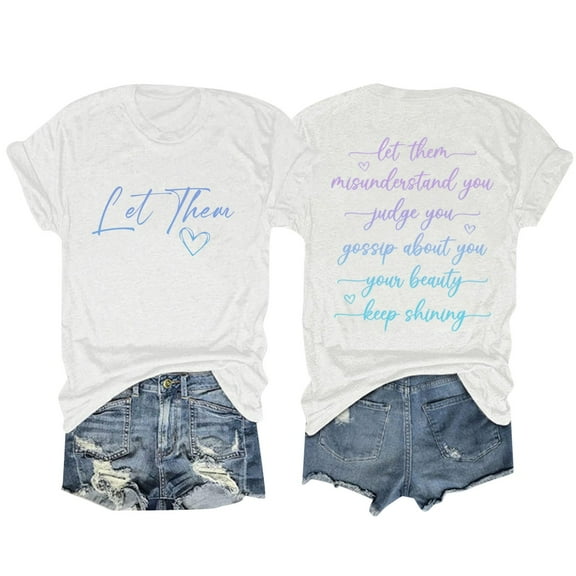 Women's T-Shirts - Let Them Letter Print Round Neck Short Sleeve T Shirt Top for Casual Wear and Everyday Comfort