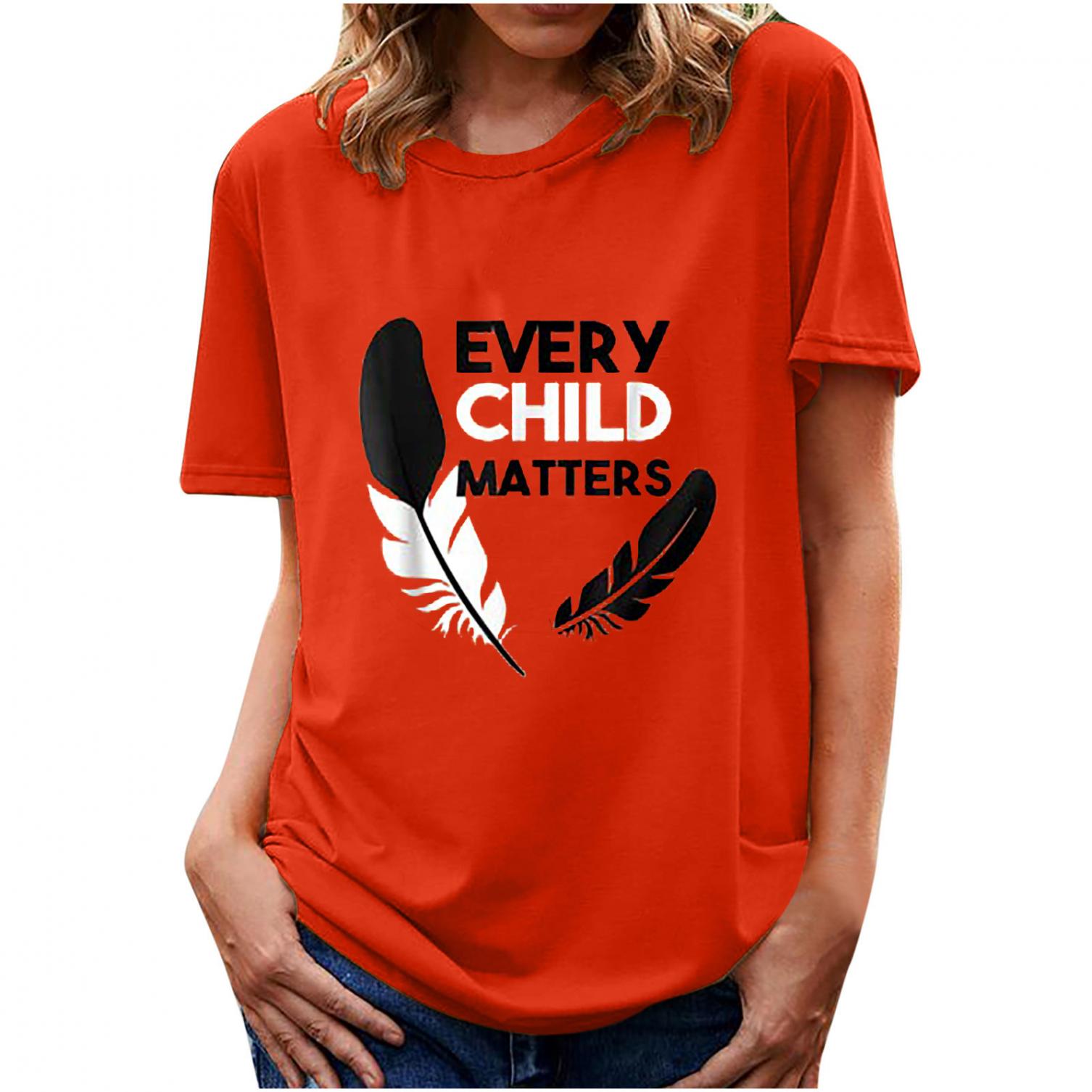 Every Child Matters Print Crewneck T-Shirts Casual Loose Fit Short Sleeve Comfy Tunic Blouse Women Summer Orange Tops 