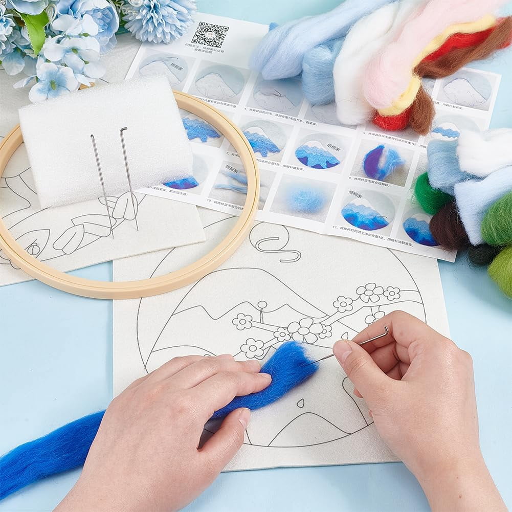 4 Sets Needle Felt Starter Set Meadow Felt Painting Kit for Beginners Wool Felting Supplies with Picture Frame Felting Needles Foam Pad Felts Cloth Instruction for DIY Felts Wool Projects Mixed Color