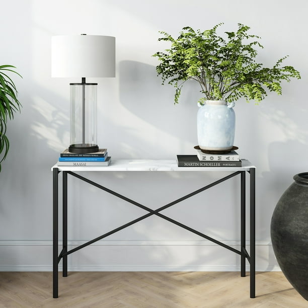 Evelyn&Zoe Contemporary Metal Console Table with Faux Marble Top