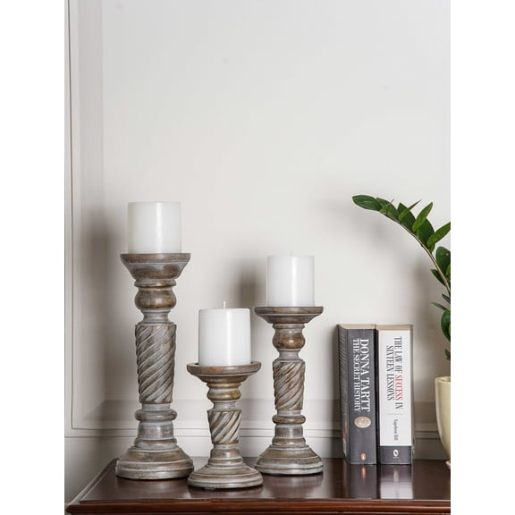 Traditional Antique Dusk Handmade Mango Wood Set Of Three 6",9" & 12" Pillar Candle Holder for use, Living Room, Dinning Room, Study Room, Spa, Restaurants, Place Of Worship, etc