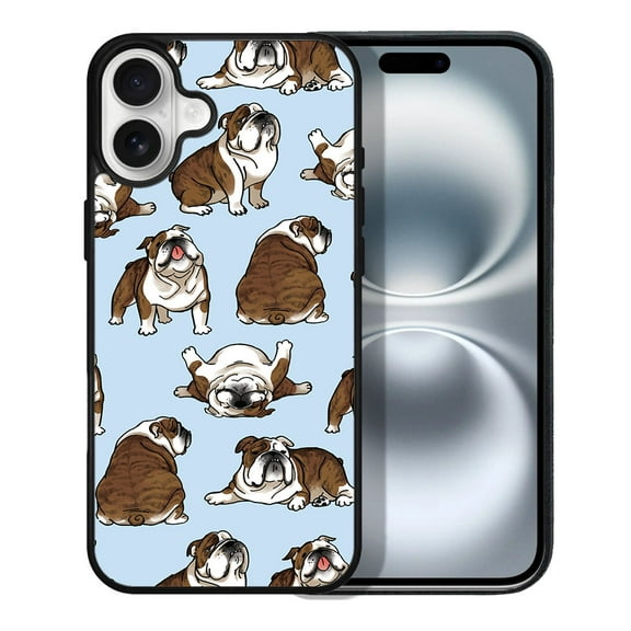WIRESTER Shockproof Soft Rubber Cover Case for Apple iPhone 16 6.1" 2024, Brindle Brown English Bulldog Funny Playful Postures On Light Blue Background