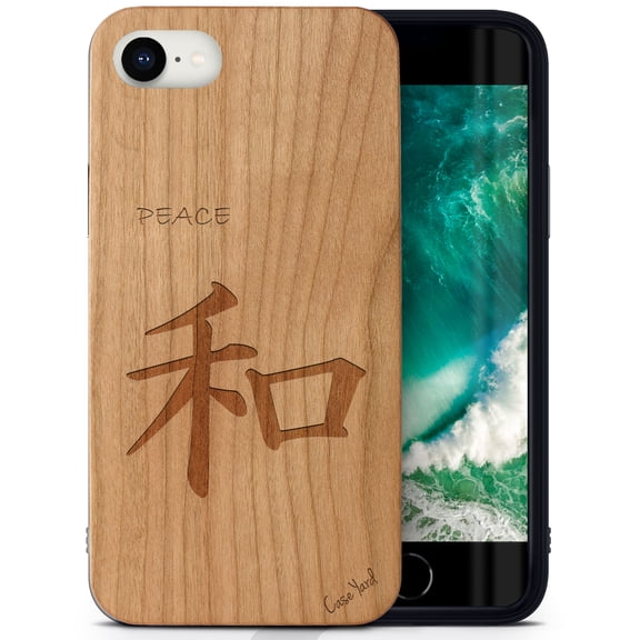 Case Yard Wooden Case Outside Soft TPU Silicone, Slim Fit Shockproof Wood Protective Phone Cover for Girls Boys Men and Women, Supports Wireless Charging Kanji Peace Design case for iPhone-SE