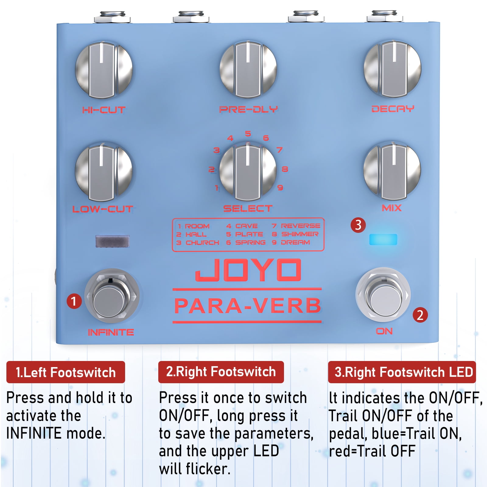 JOYO Reverb Guitar Pedal Digital Stereo 9 Reverb Effects Infinite & Trail Functions for Electric Guitar