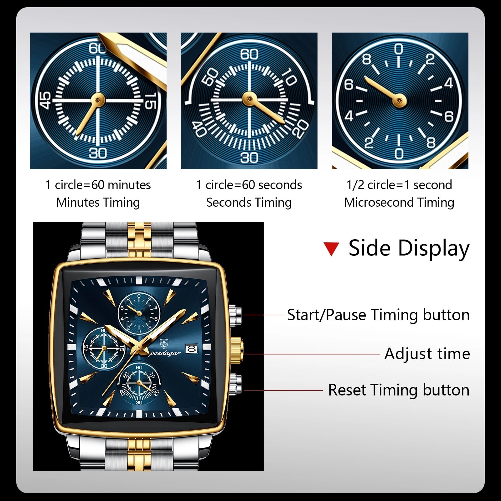 POEDAGAR Luxury Square Sport Man Wristwatch Waterproof Chronograph Stainless Steel Quartz Men's Watches