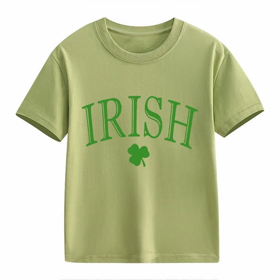 XIMIN Girls Boys Vintage "IRISH" Letter & Clover Kids' Short-Sleeve Crew Neck T-Shirt - Soft Emerald Green St. Patrick's Day Irish Heritage Top