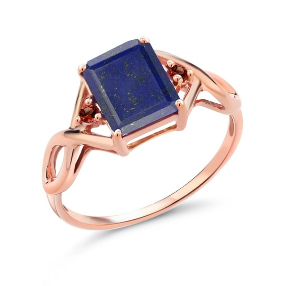 Gem Stone King 2.10 Cttw Emerald Cut Blue Lapis and Red Garnet 18K Rose Gold Plated Silver Ring for Women | Emerald Cut 9X7MM | Gemstone Birthstone (Size 6)